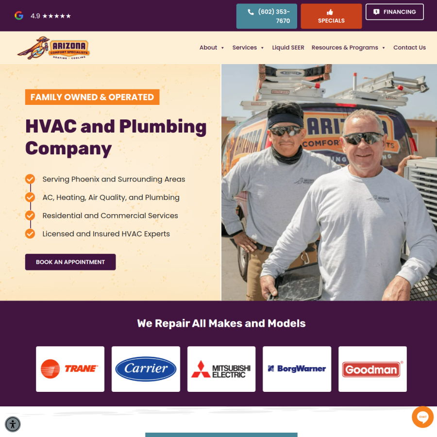 arizonacomfortspecialists.com homepage screenshot