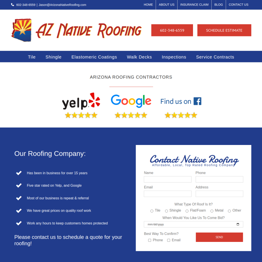 arizonanativeroofing.com homepage screenshot