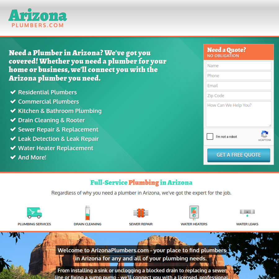 arizonaplumbers.com homepage screenshot