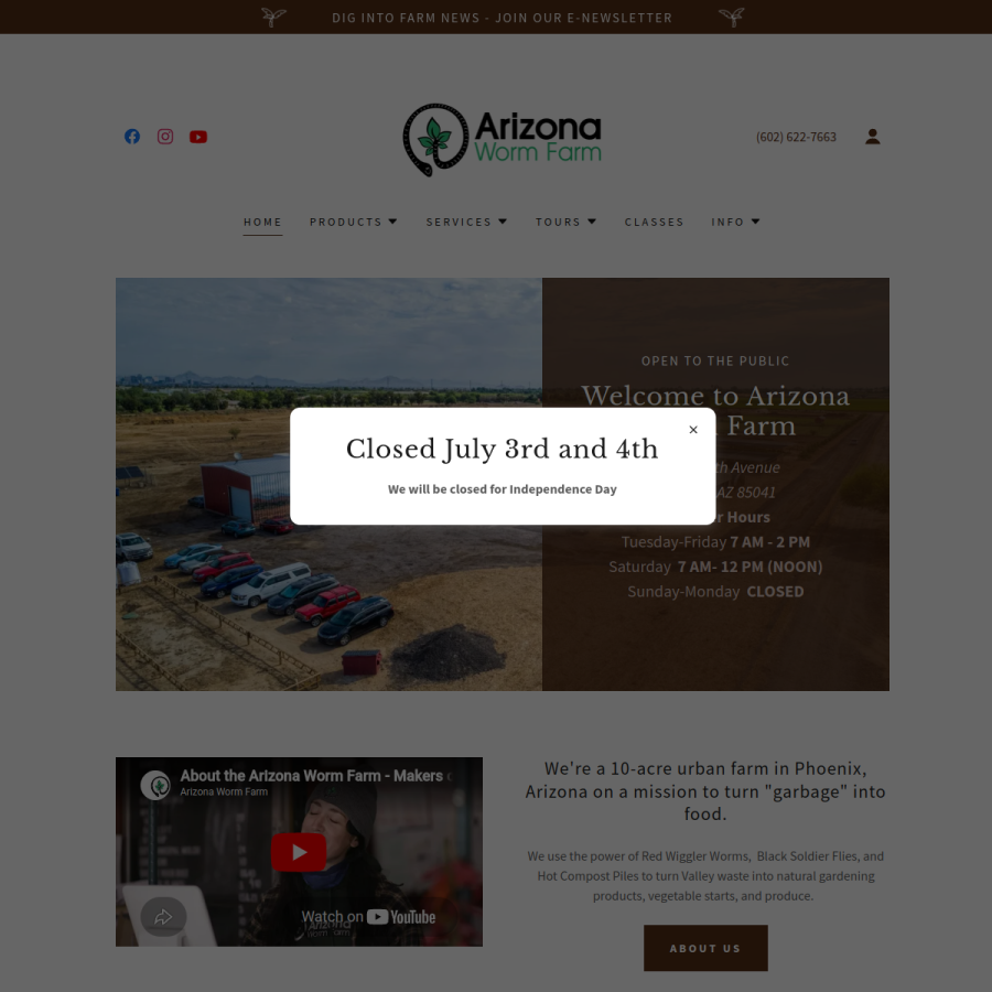 arizonawormfarm.com homepage screenshot