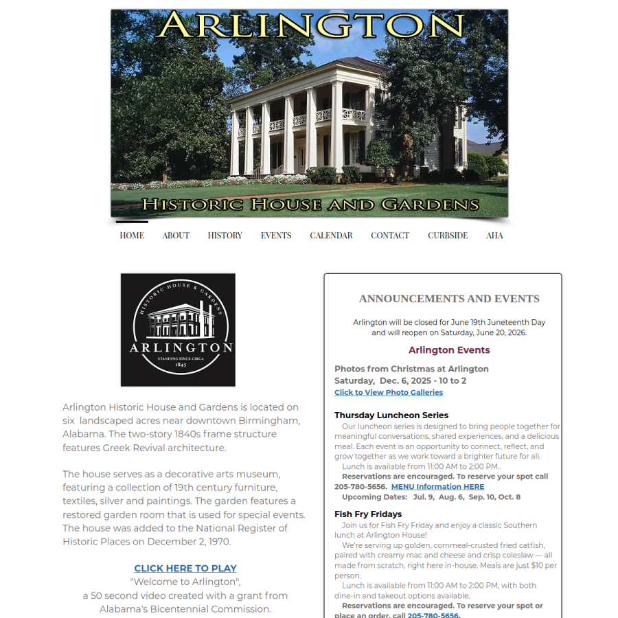 arlingtonantebellumhomeandgardens.com homepage screenshot