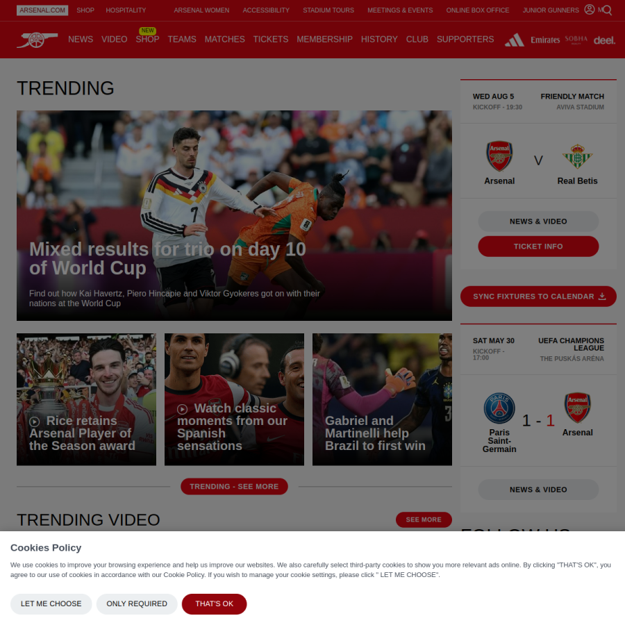 arsenal.com homepage screenshot