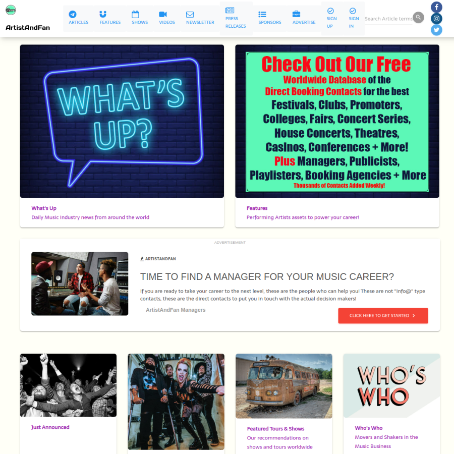 artistandfan.com homepage screenshot