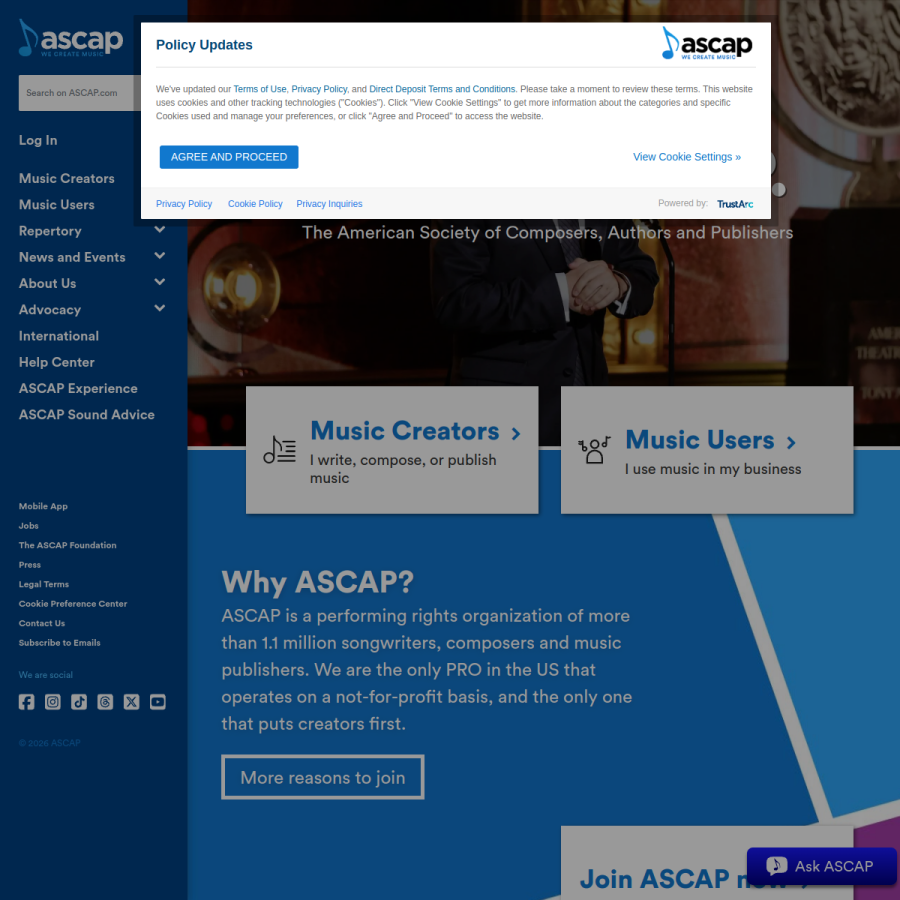 ascap.com homepage screenshot