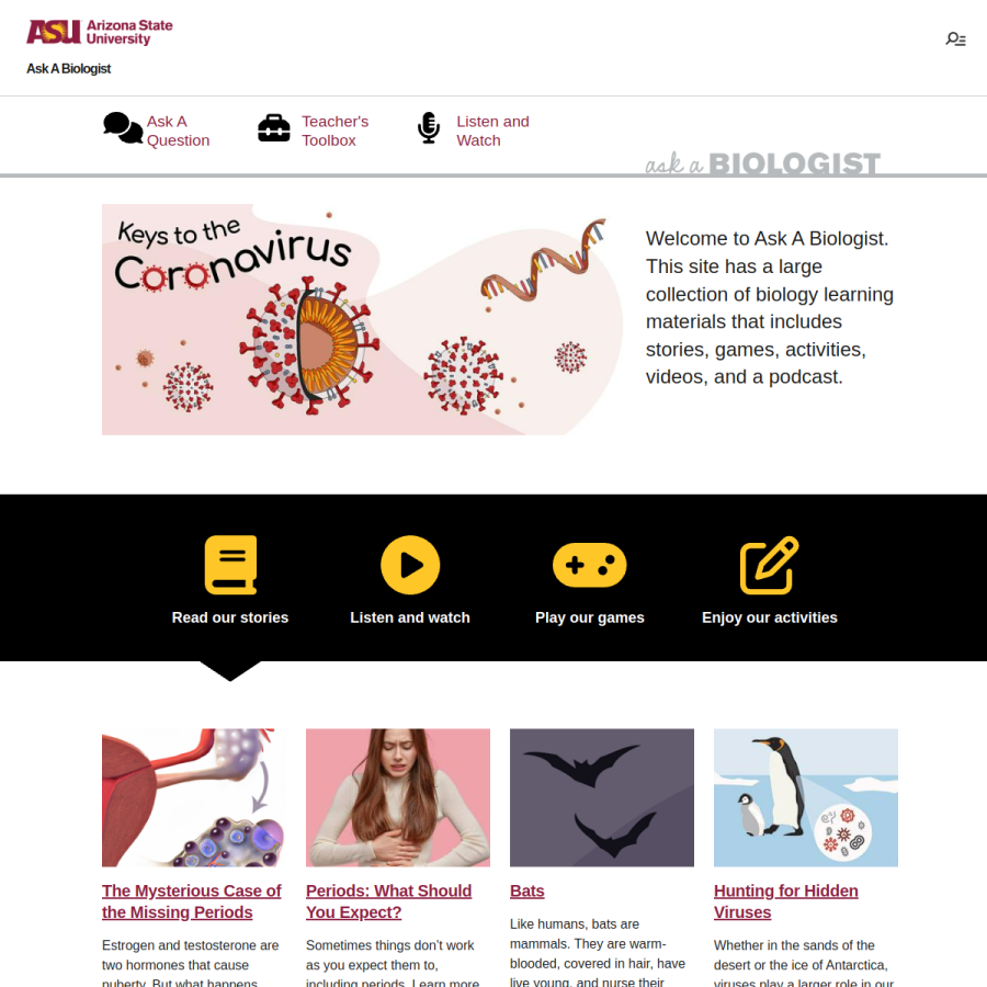 askabiologist.asu.edu homepage screenshot