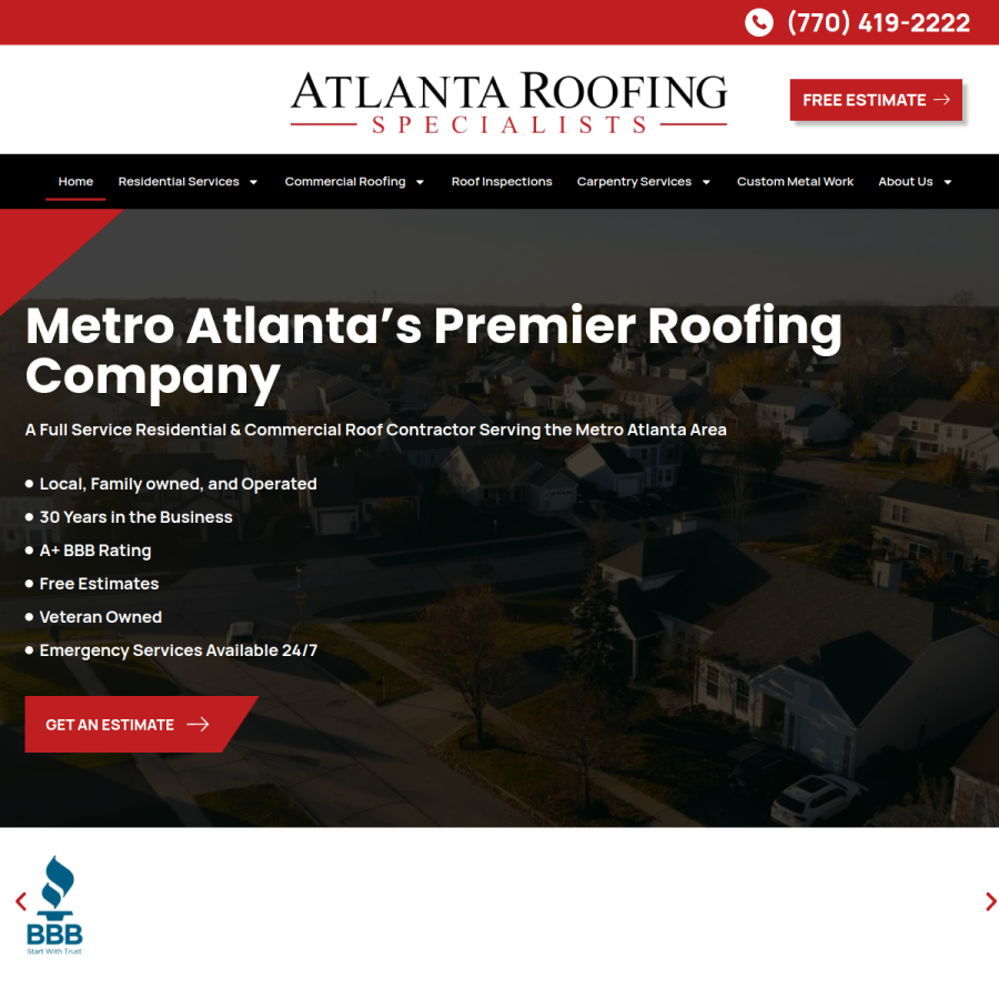 atlantaroofingspecialists.com homepage screenshot