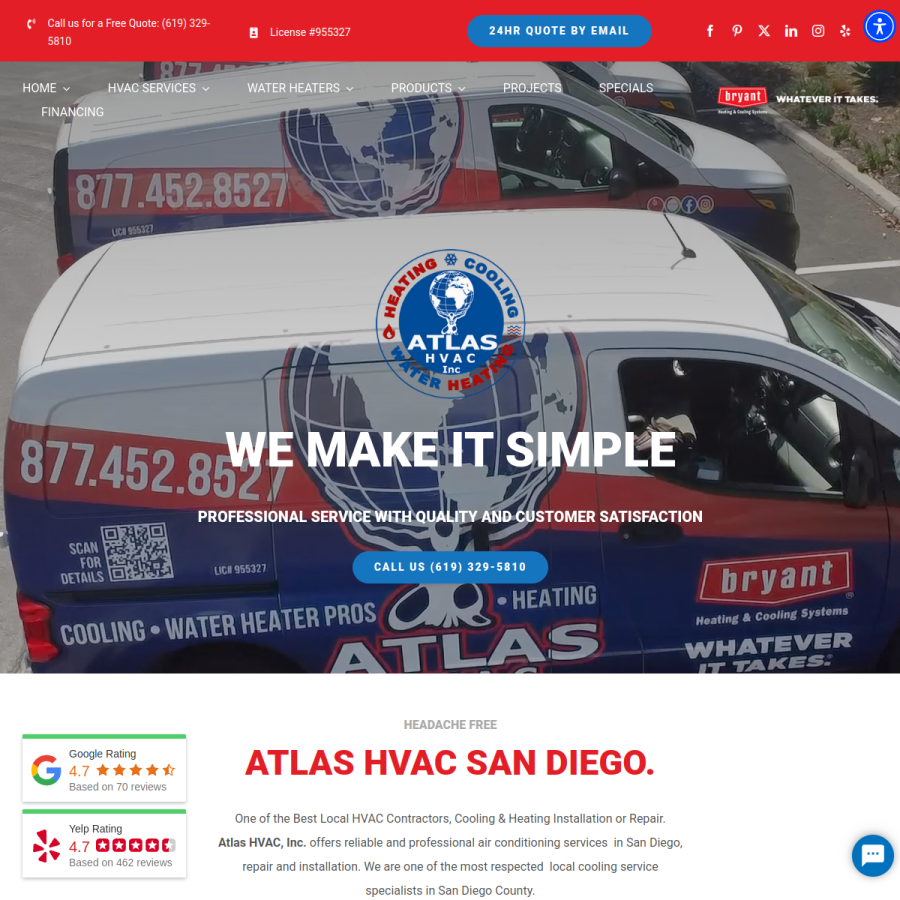 atlascoolingandheating.com homepage screenshot