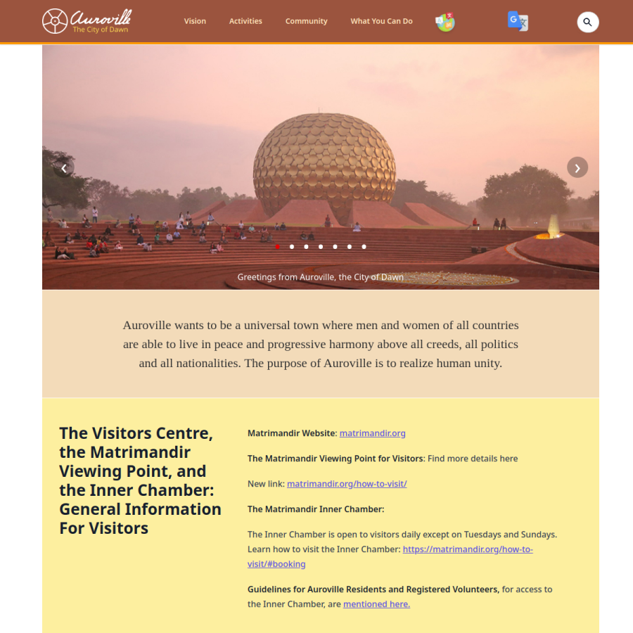 auroville.org homepage screenshot