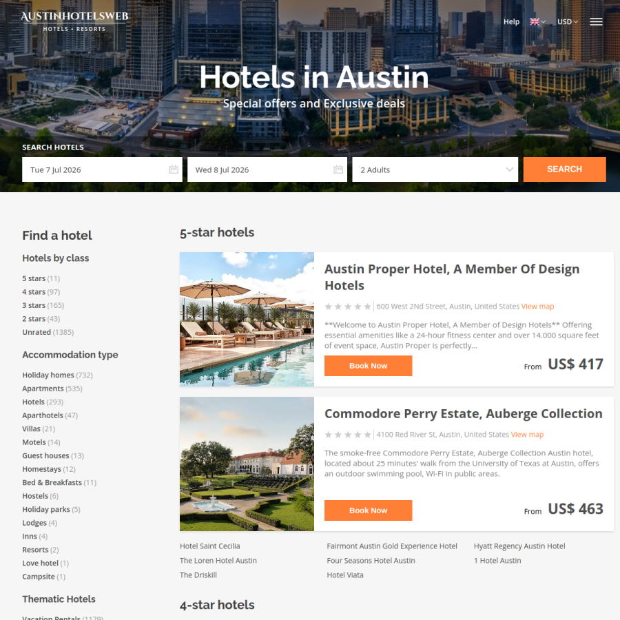 austinhotelsweb.com homepage screenshot