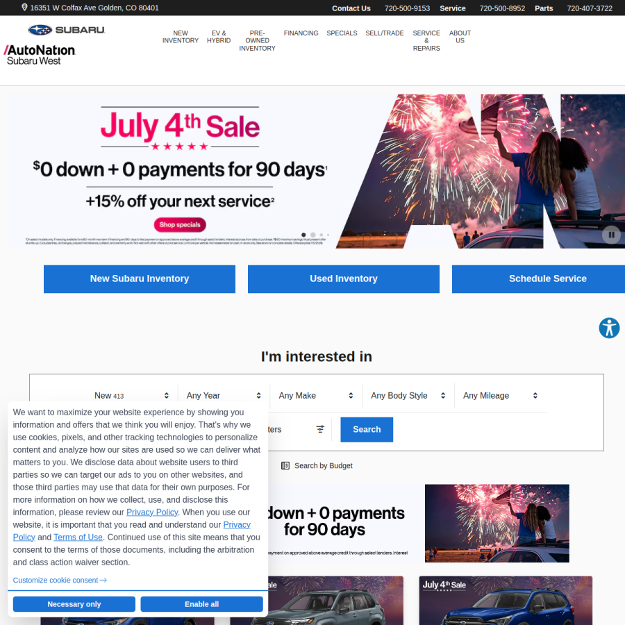 autonationsubaruwest.com homepage screenshot