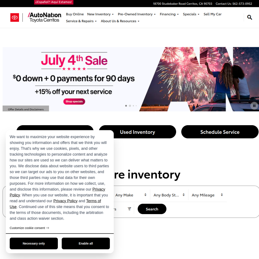 autonationtoyotacerritos.com homepage screenshot