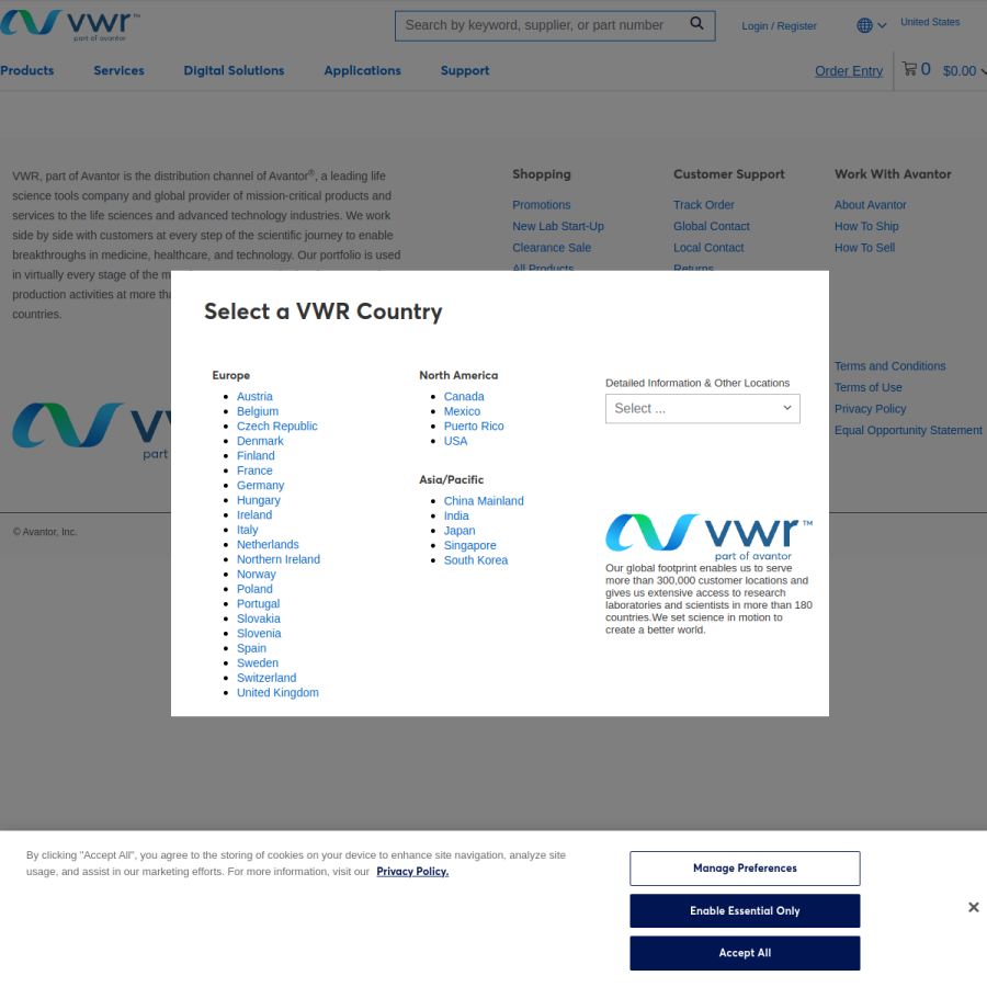 avantorsciences.com homepage screenshot