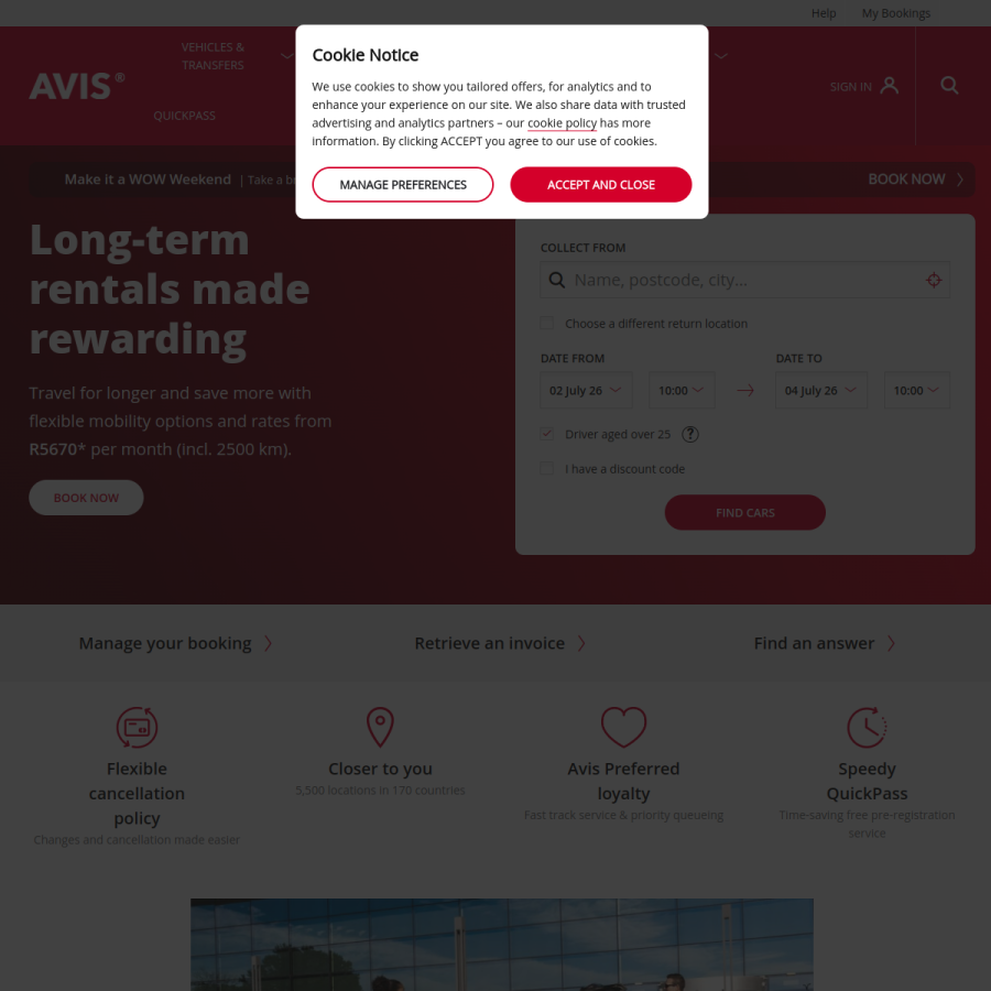 avis.co.za homepage screenshot