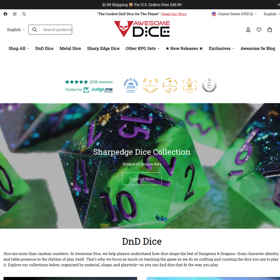 awesomedice.com homepage screenshot