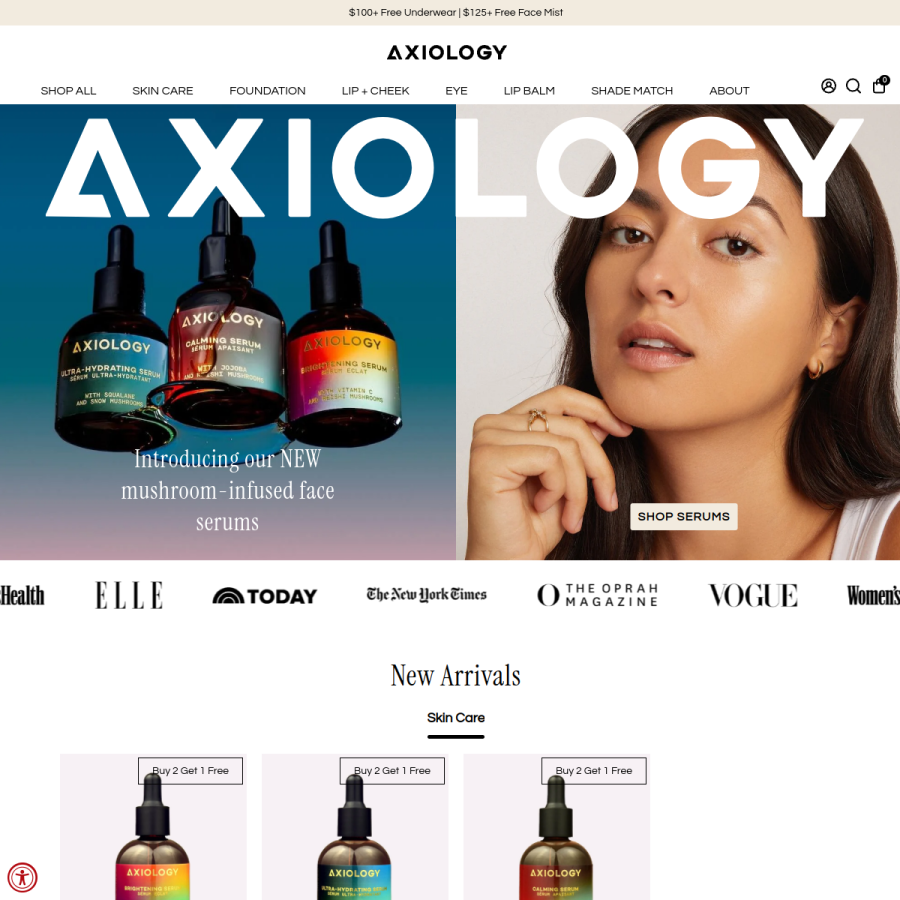 axiologybeauty.com homepage screenshot