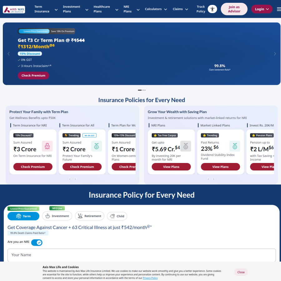 axismaxlife.com homepage screenshot