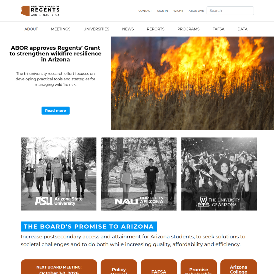 azregents.edu homepage screenshot