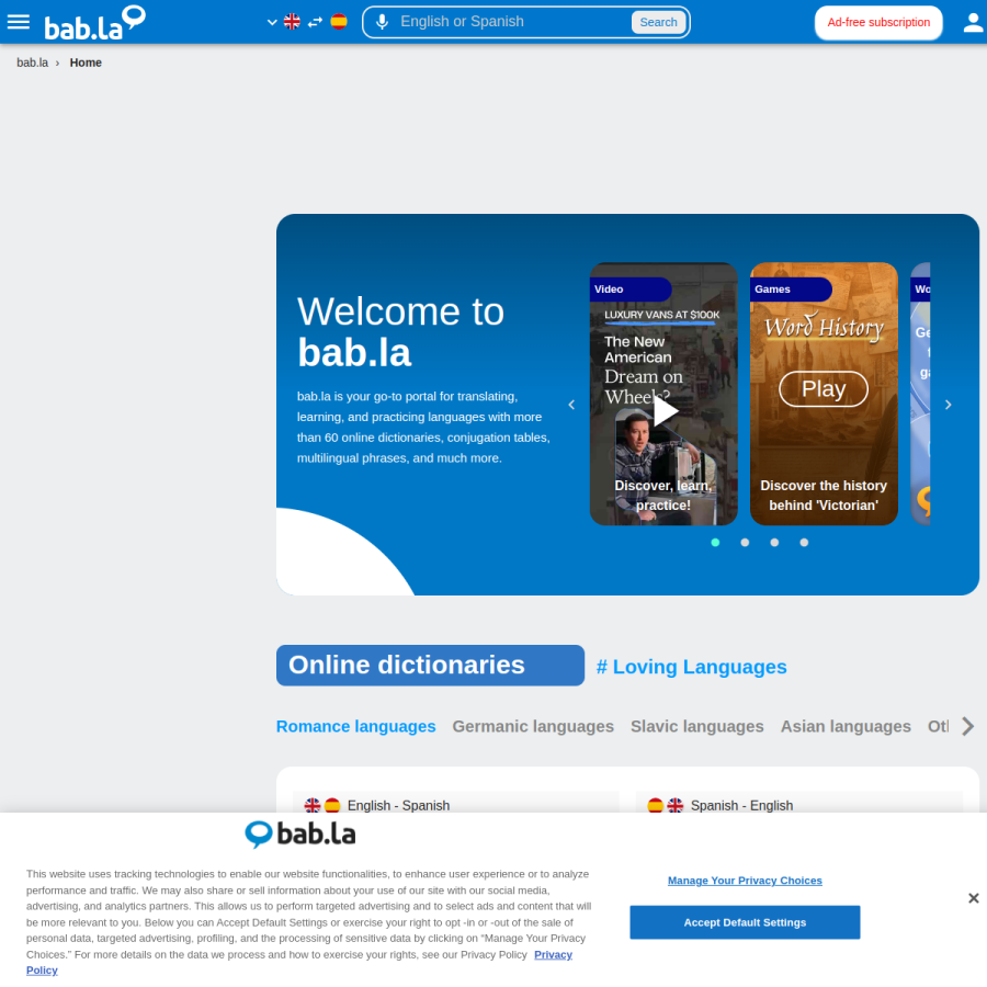 bab.la homepage screenshot