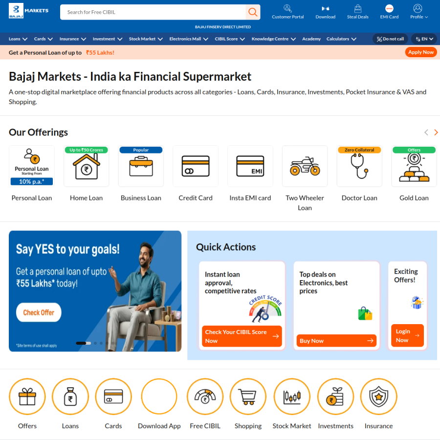 bajajfinservmarkets.in homepage screenshot