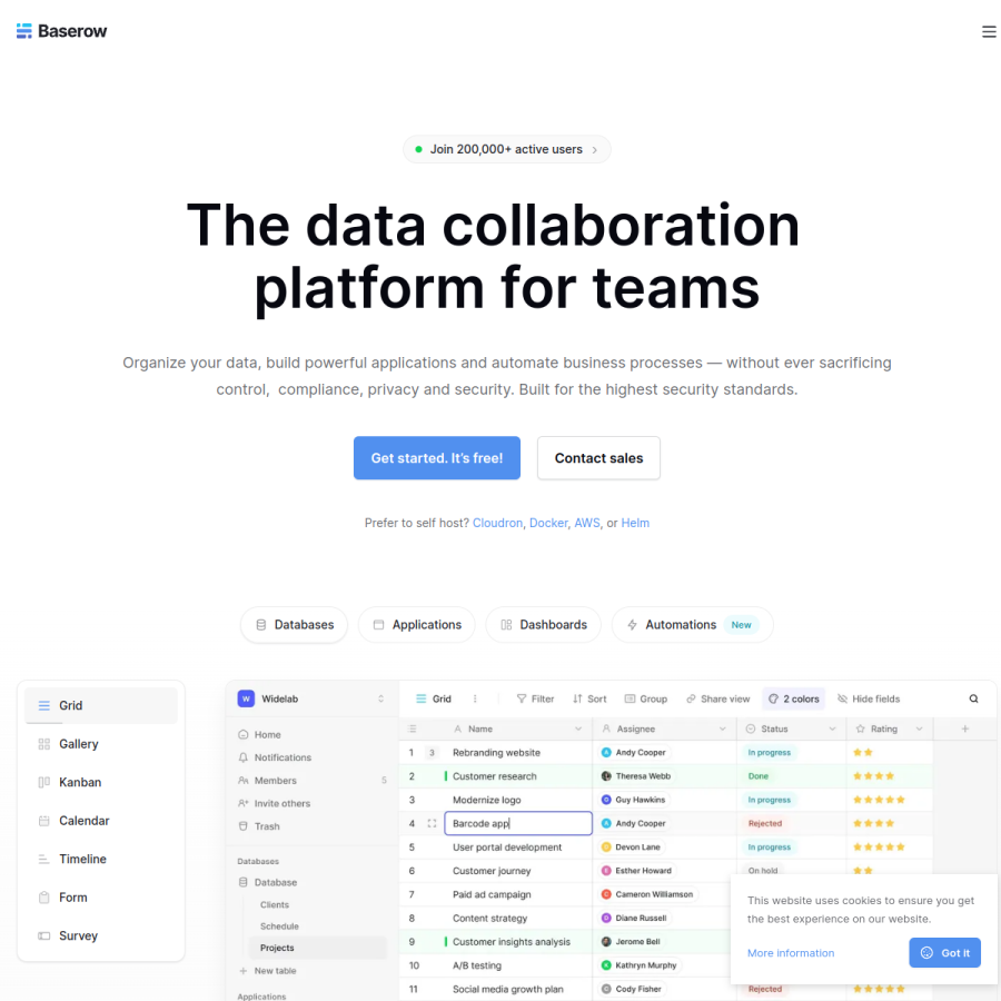 baserow.io homepage screenshot