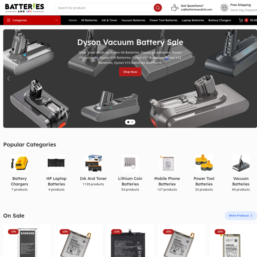 batteriesandink.com homepage screenshot