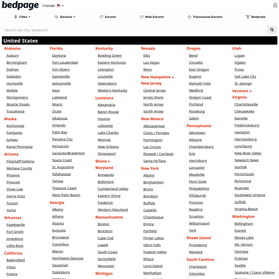 bedpage.com homepage screenshot