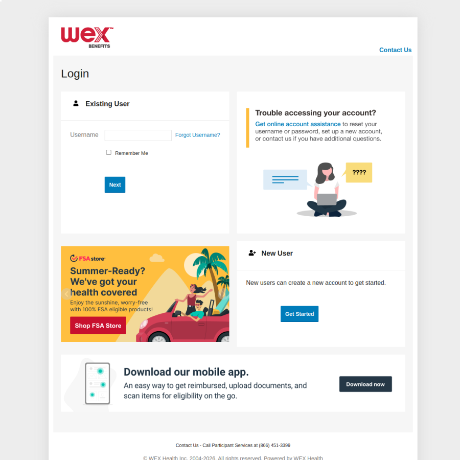 benefitslogin.wexhealth.com homepage screenshot