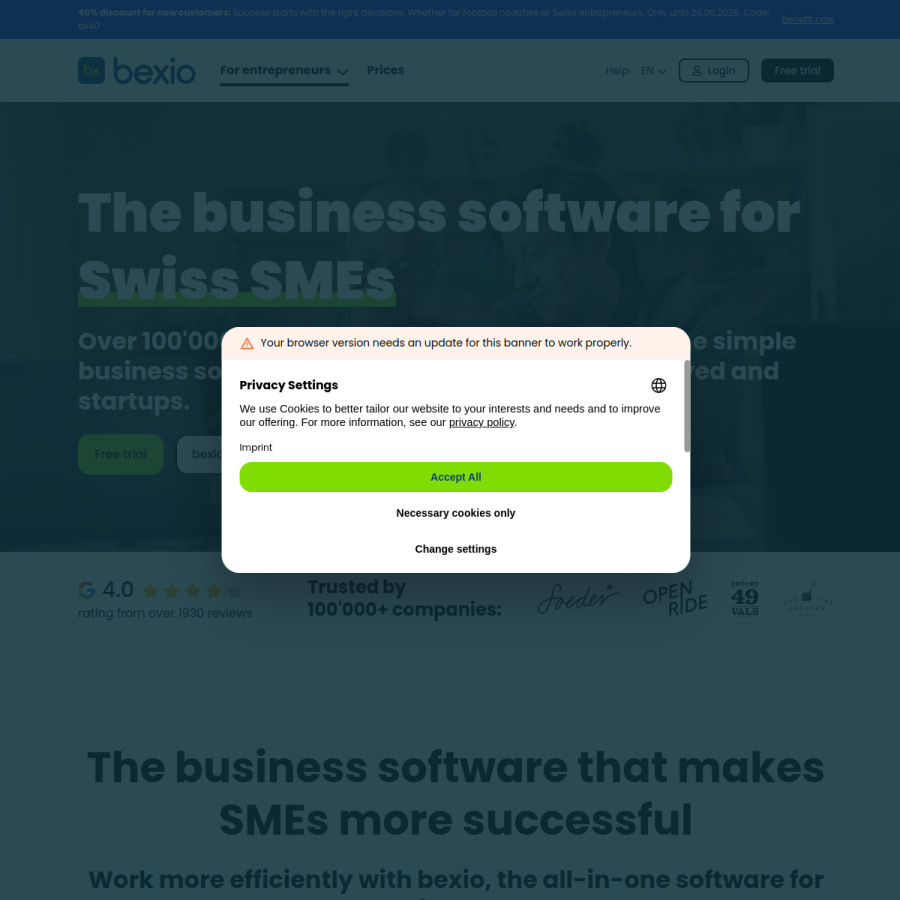 bexio.com homepage screenshot
