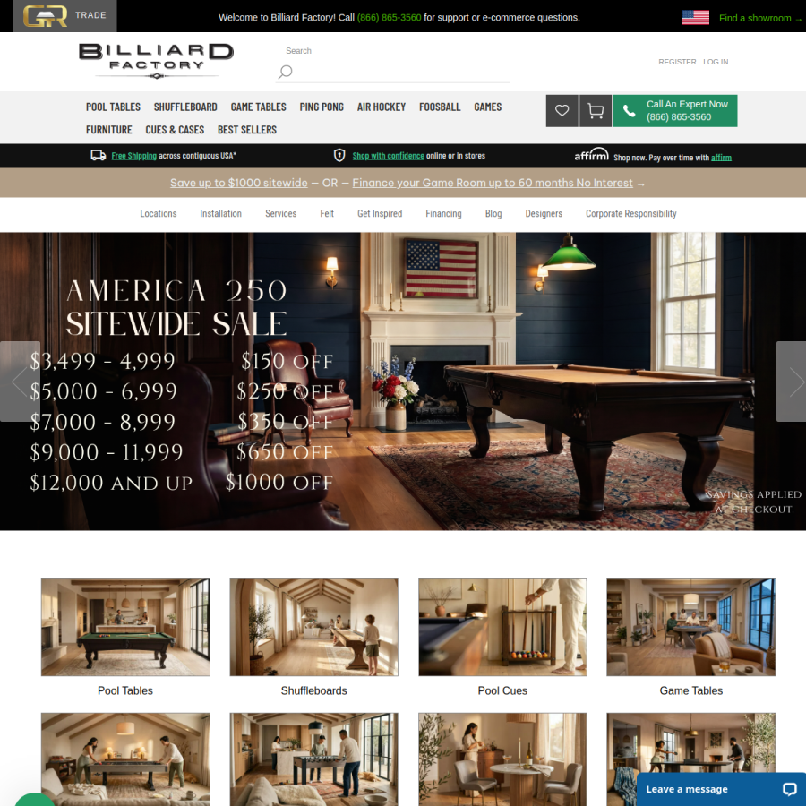 billiardfactory.com homepage screenshot