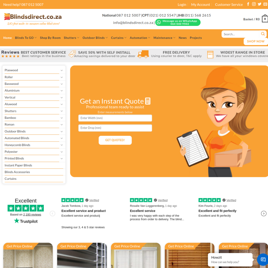 blindsdirect.co.za homepage screenshot