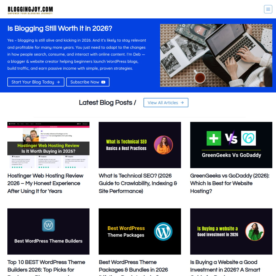 bloggingjoy.com homepage screenshot