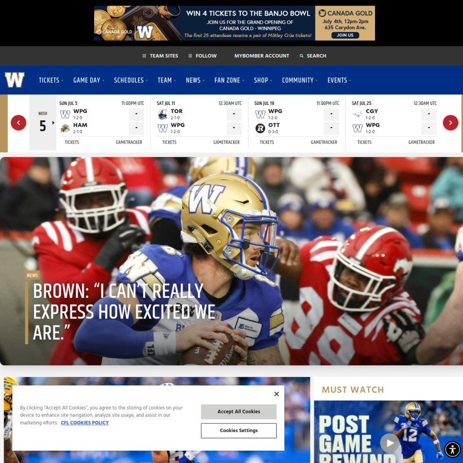 bluebombers.com homepage screenshot