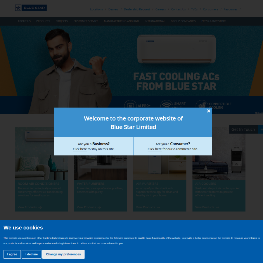 bluestarindia.com homepage screenshot