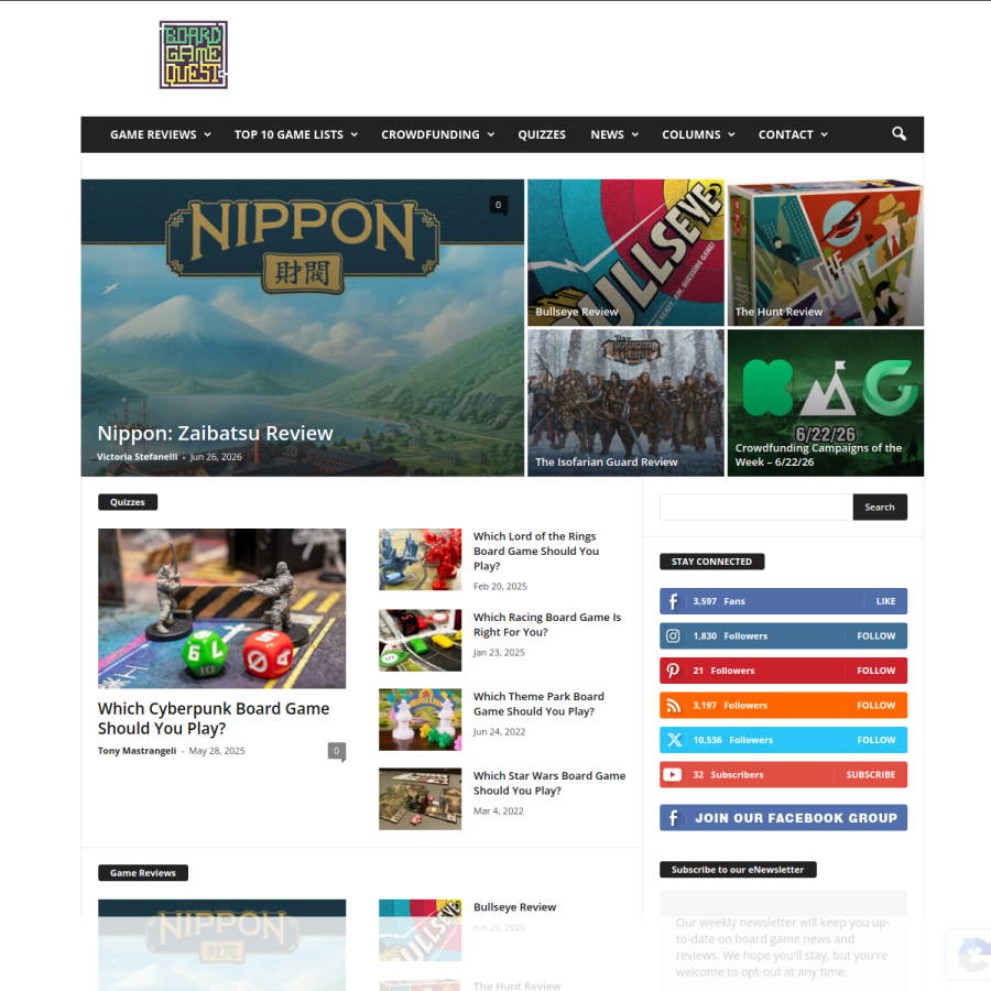 boardgamequest.com homepage screenshot
