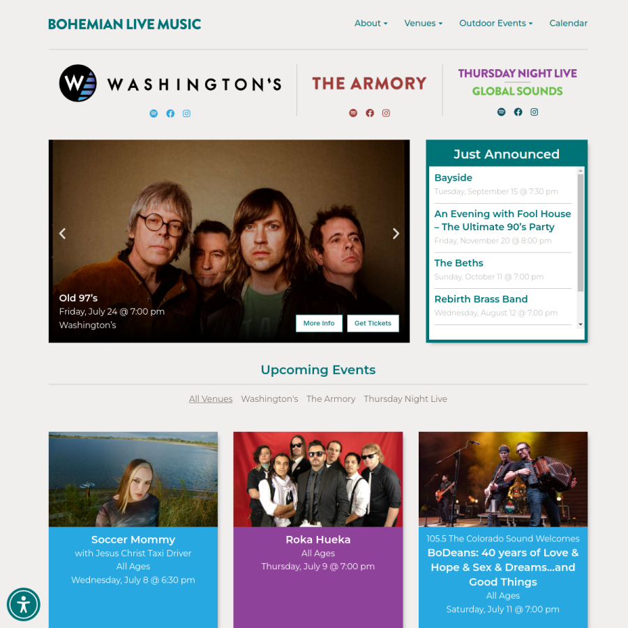 bohemianlivemusic.org homepage screenshot