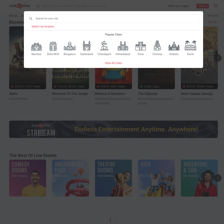 bookmyshow.com homepage screenshot