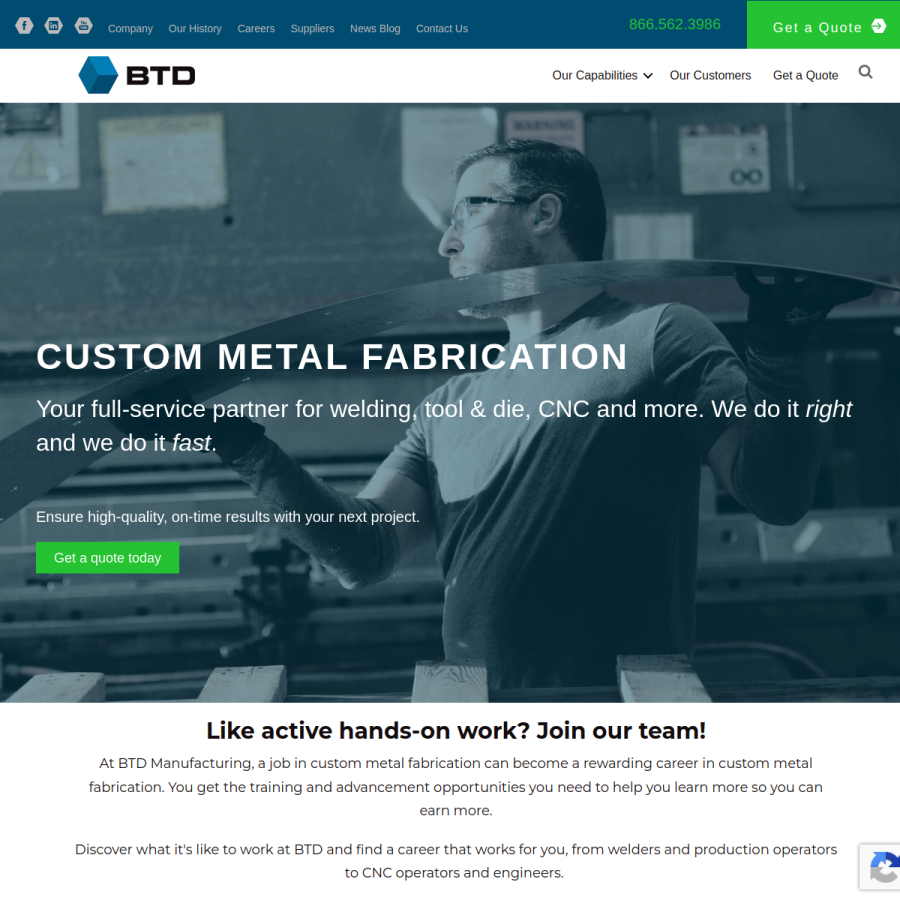 btdmfg.com homepage screenshot
