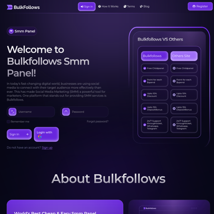 bulkfollows.com homepage screenshot