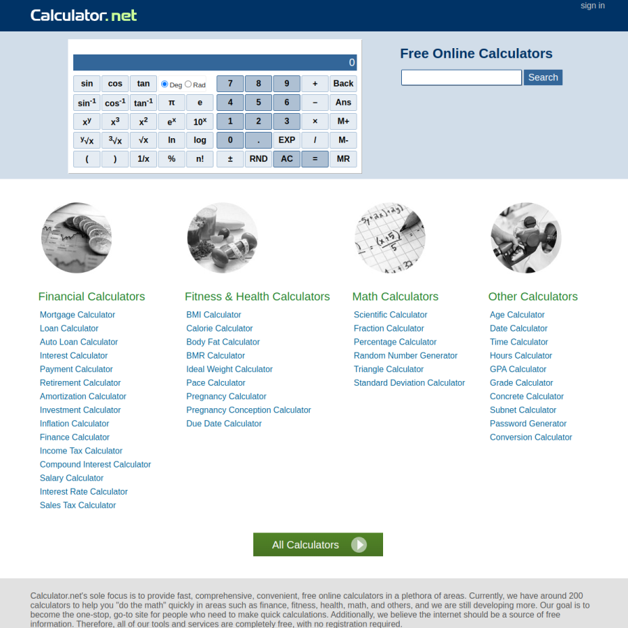 calculator.net homepage screenshot
