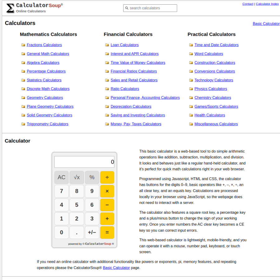 calculatorsoup.com homepage screenshot