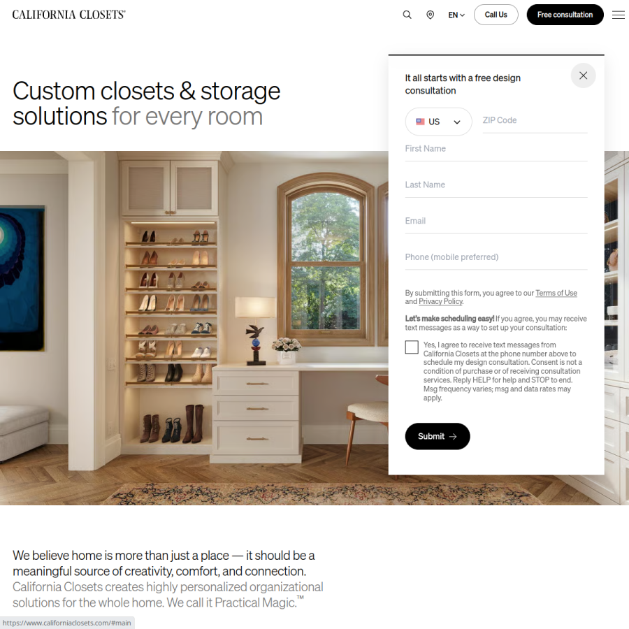 californiaclosets.com homepage screenshot