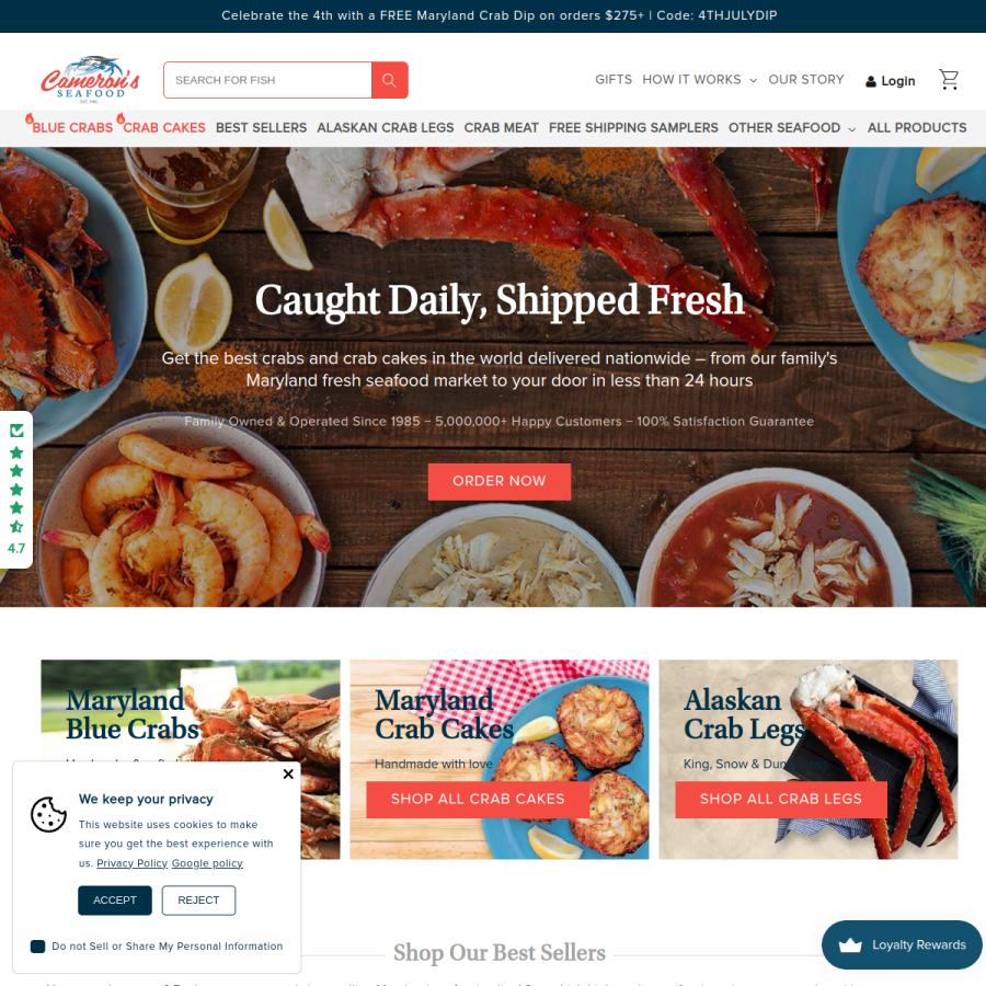 cameronsseafood.com homepage screenshot