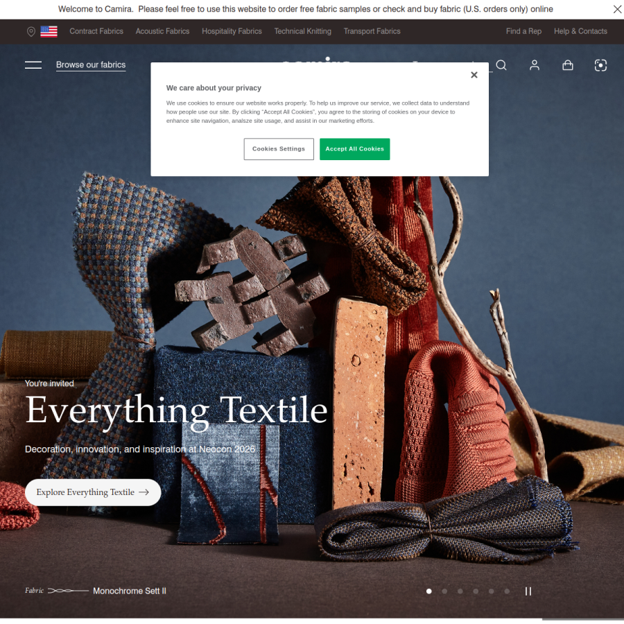 camirafabrics.com homepage screenshot