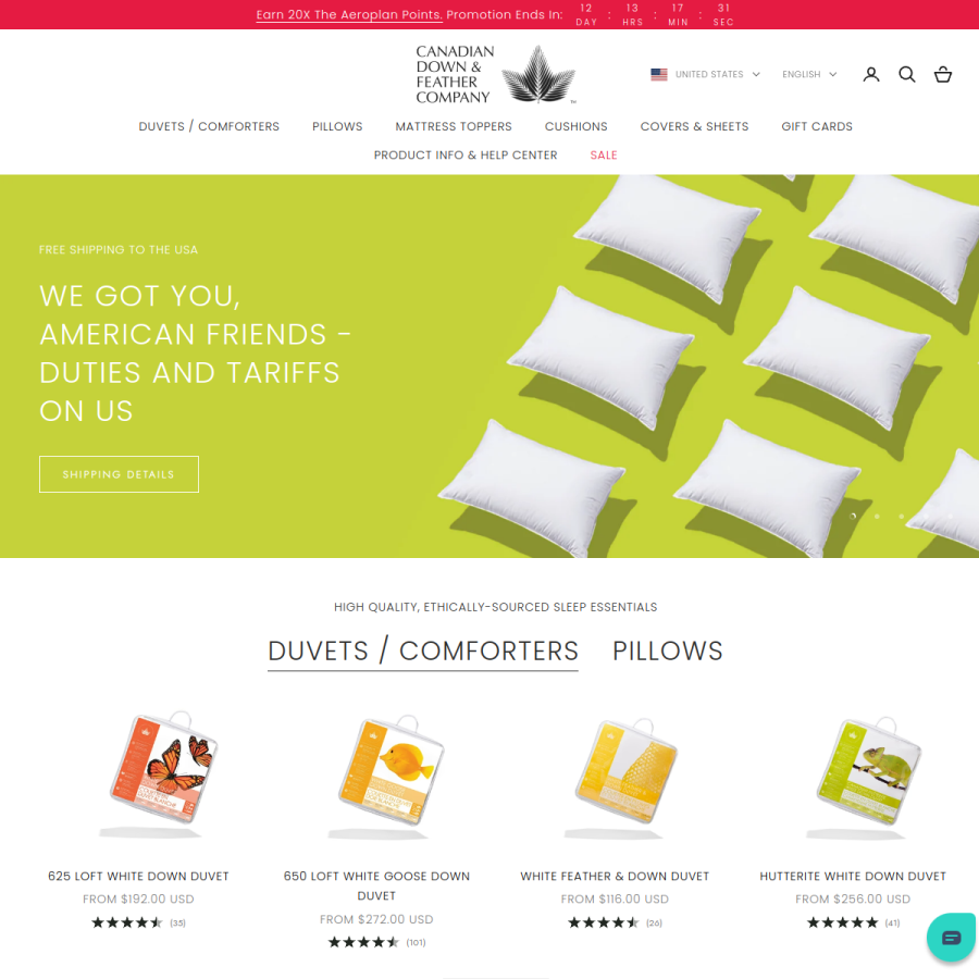canadiandownandfeather.com homepage screenshot