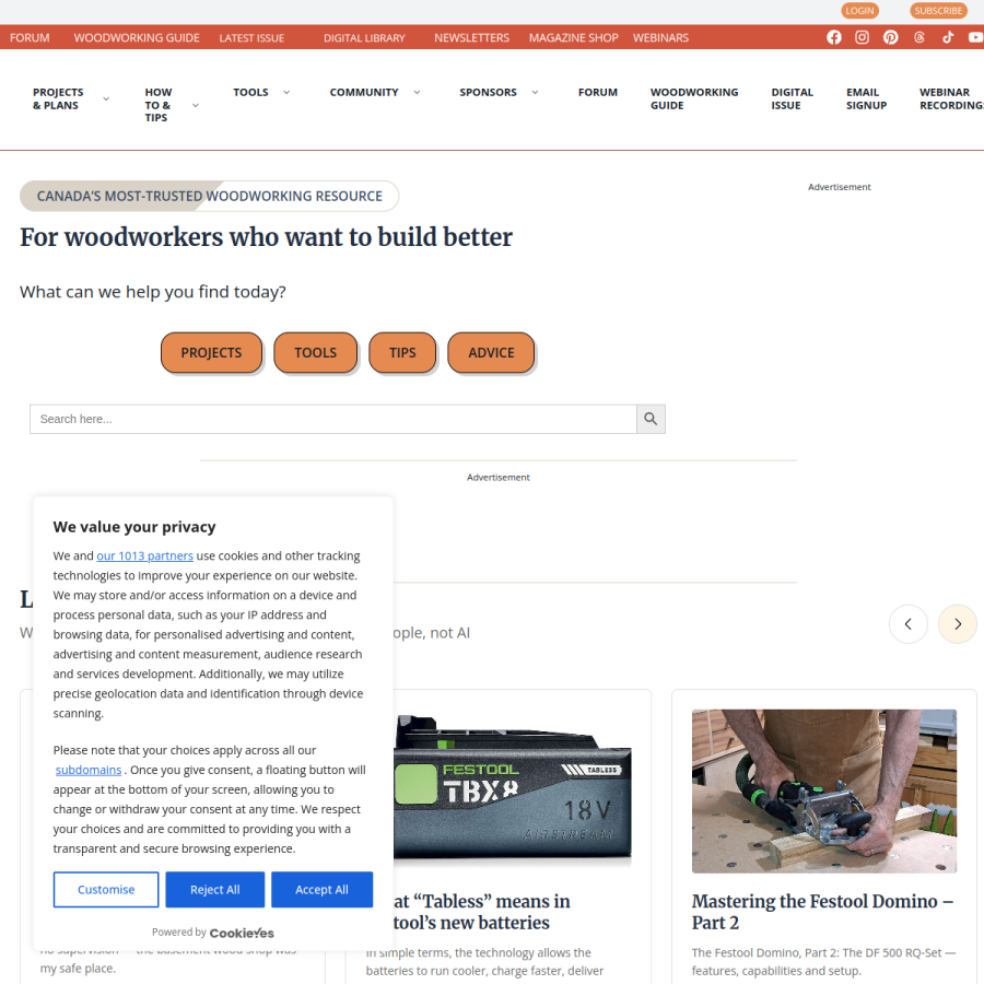 canadianwoodworking.com homepage screenshot