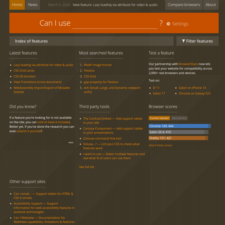 caniuse.com homepage screenshot