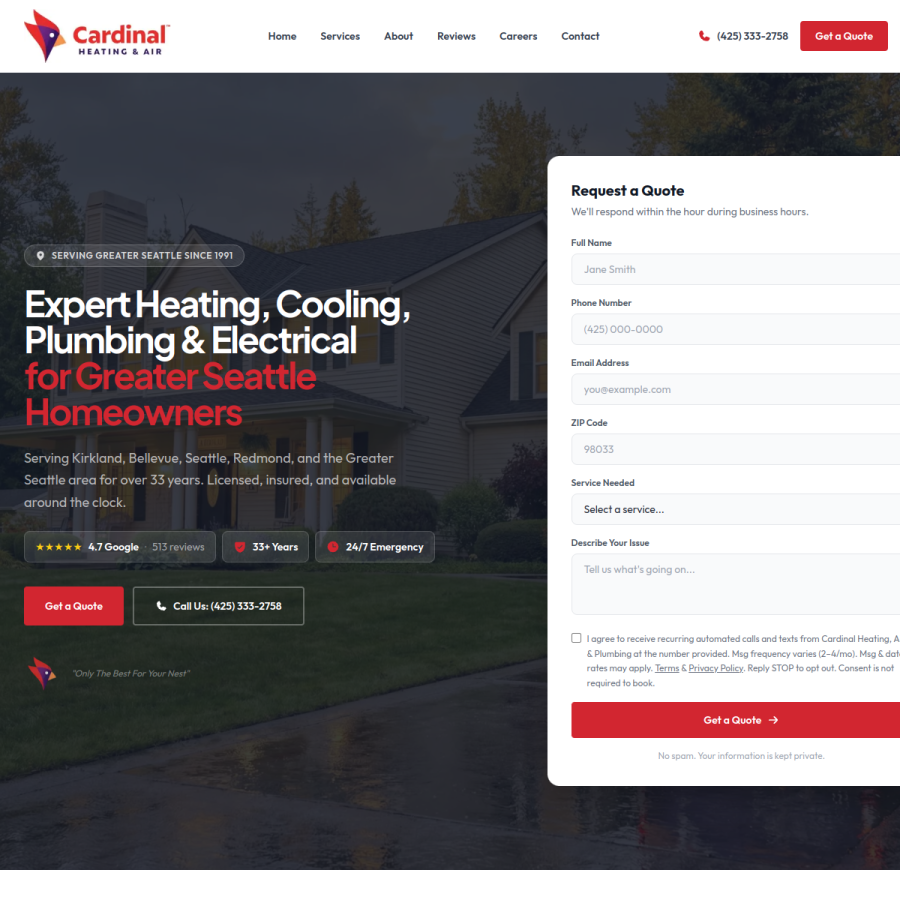 cardinalheating.com homepage screenshot