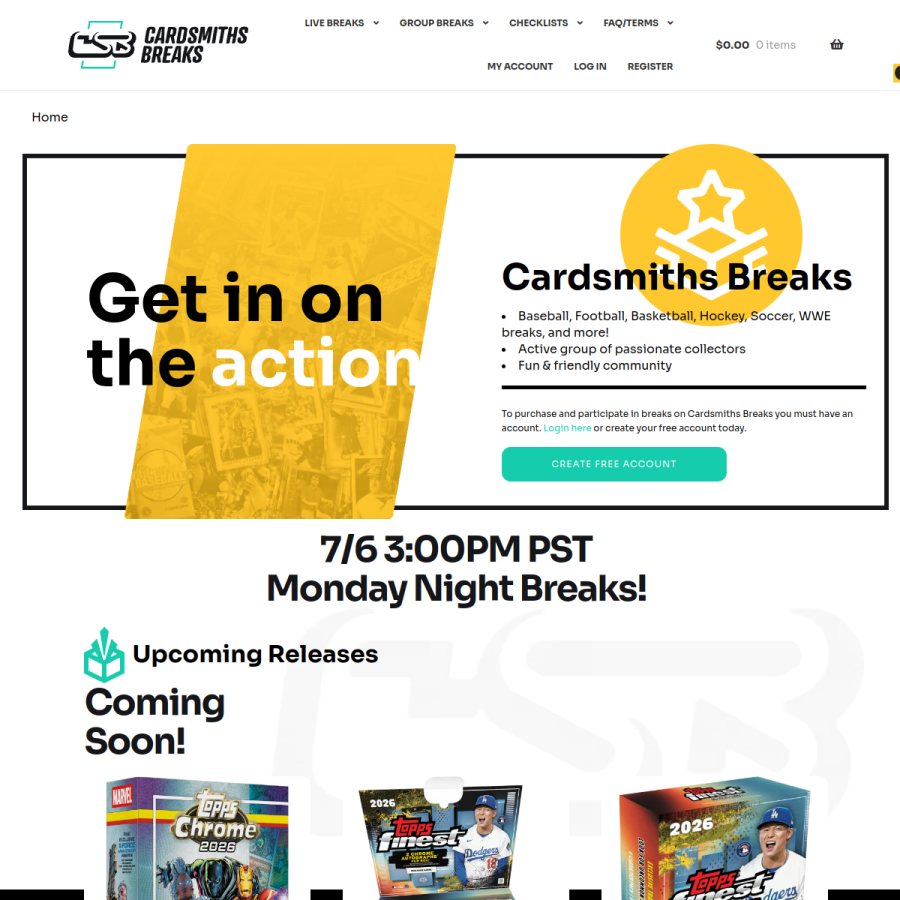 cardsmithsbreaks.com homepage screenshot