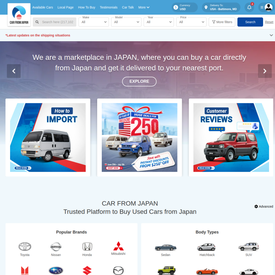 carfromjapan.com homepage screenshot