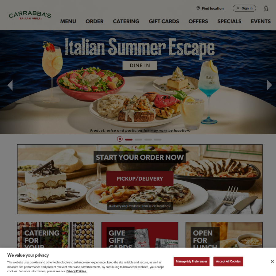 carrabbas.com homepage screenshot